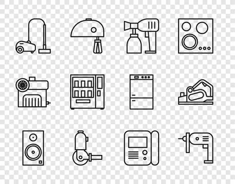 Set line Stereo speaker, Electric drill machine, Paint spray gun, Angle gri.. Stock Illustration
