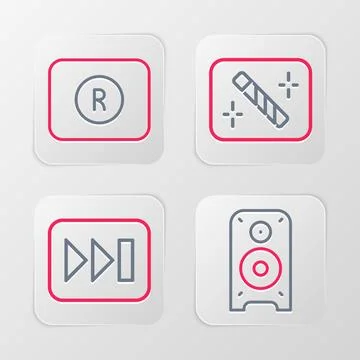 Set line Stereo speaker, Fast forward, Photo retouching and Record button i.. Stock Illustration