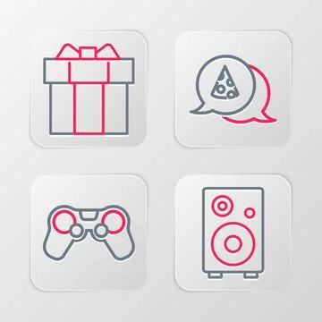 Set line Stereo speaker, Gamepad, Slice of pizza and Gift box icon. Vector Stock Illustration
