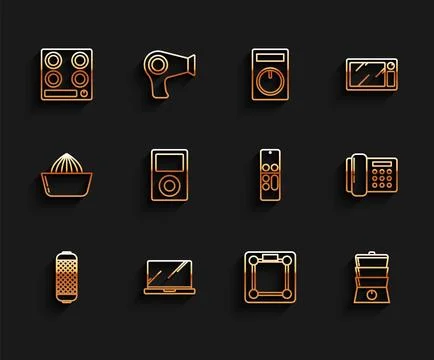 Set line Stereo speaker, Laptop, Gas stove, Bathroom scales, Double boiler,.. Stock Illustration