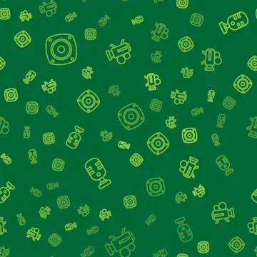 Set line Stereo speaker, Microphone and Retro cinema camera on seamless pattern Stock Illustration