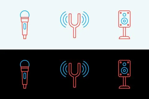 Set line Stereo speaker, Microphone and Musical tuning fork icon. Vector 스톡 일러스트