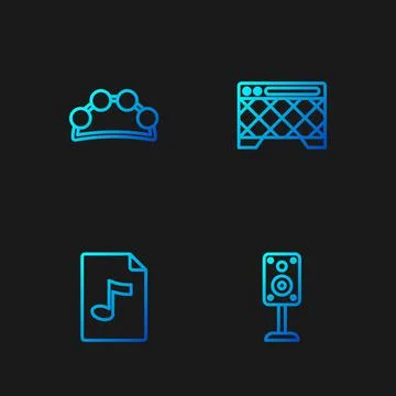 Set line Stereo speaker, MP3 file document, Tambourine and Guitar amplifier Ilustração Stock