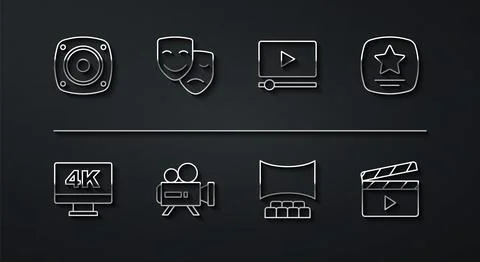 Set line Stereo speaker, Screen tv with 4k, Walk of fame star, Cinema auditor Stock Illustration
