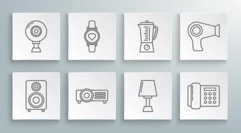 Set line Stereo speaker, Smart watch showing heart beat rate, Table lamp, T.. Stock Illustration