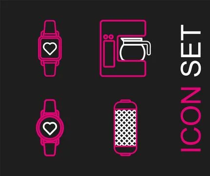 Set line Stereo speaker, Smart watch showing heart beat rate, Coffee machin.. Stock Illustration