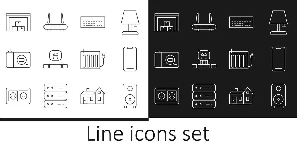 Set line Stereo speaker, Smartphone, Keyboard, sensor, Photo camera, Wareho.. Stock Illustration