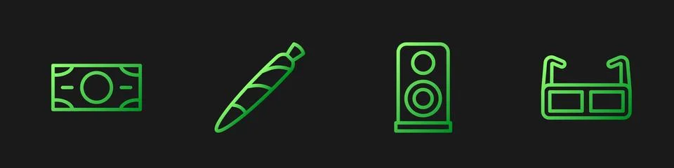 Set line Stereo speaker, Stacks paper money cash, Marijuana joint, spliff a.. Illustrazione stock