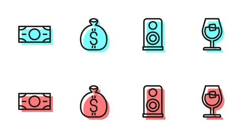 Set line Stereo speaker, Stacks paper money cash, Money bag and Wine glass .. Illustrazione stock