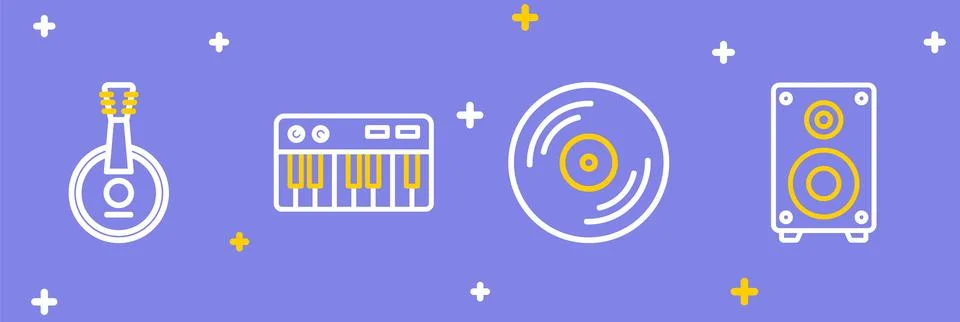 Set line Stereo speaker, Vinyl disk, Music synthesizer and Banjo icon. Vector Stock Illustration