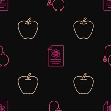 Set line Stethoscope, Apple and Chemistry report on seamless pattern. Vector Illustrazione stock