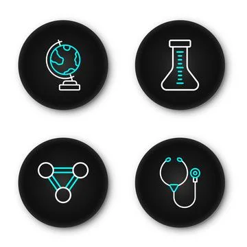 Set line Stethoscope, Molecule, Test tube and Earth globe icon. Vector Stock Illustration