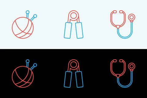 Set line Stethoscope, Yarn ball with knitting needles and Sport expander ic.. Stock Illustration