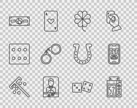 Set line Stick for chips, Deck of playing cards, Casino slot machine with clover Stock Illustration
