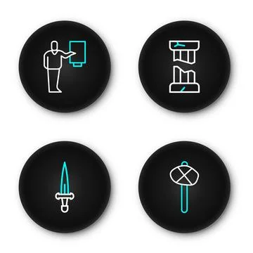 Set line Stone age hammer, Dagger, Broken ancient column and Museum guide i.. Stock Illustration