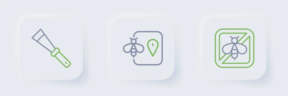 Set line Stop bee, Bee location and Beekeeping knife icon. Vector Stock Illustration