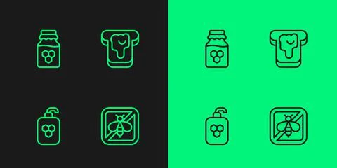 Set line Stop bee, Cosmetic tube with honey, Jar of and Bread icon. Vector Stock Illustration
