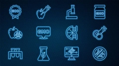 Set line Stop GMO, Genetically modified meat, Microscope, apple, Label for eco Illustrazione stock