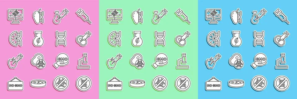 Set line Stop GMO, Microscope, Genetically modified meat, Gmo research chicke Illustrazione stock