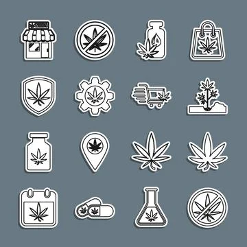Set line Stop marijuana, Marijuana or cannabis leaf, Planting, oil, Test tube Stock Illustration
