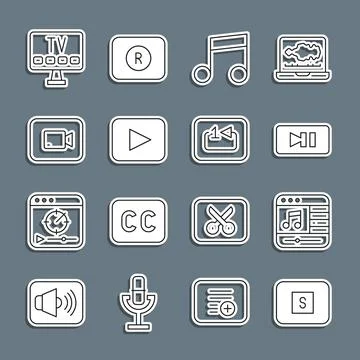 Set line Stop media button, Music player, Pause, note, tone, Play, video, Smart Stock Illustration
