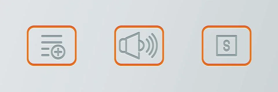 Set line Stop media button, Add playlist and Speaker volume icon. Vector Illustrazione stock