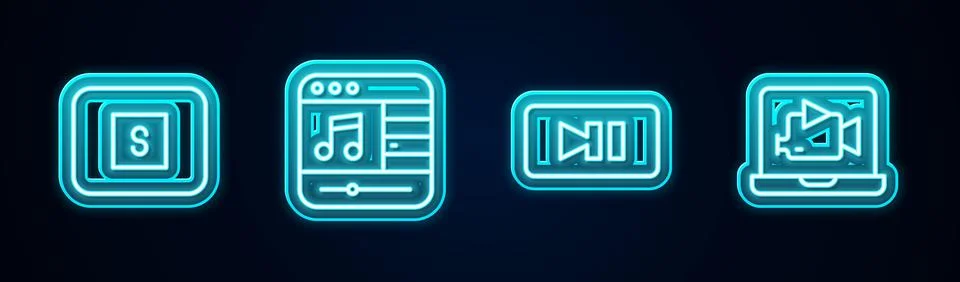 Set line Stop media button, Music player, Pause and Online video. Glowing n.. Stock Illustration