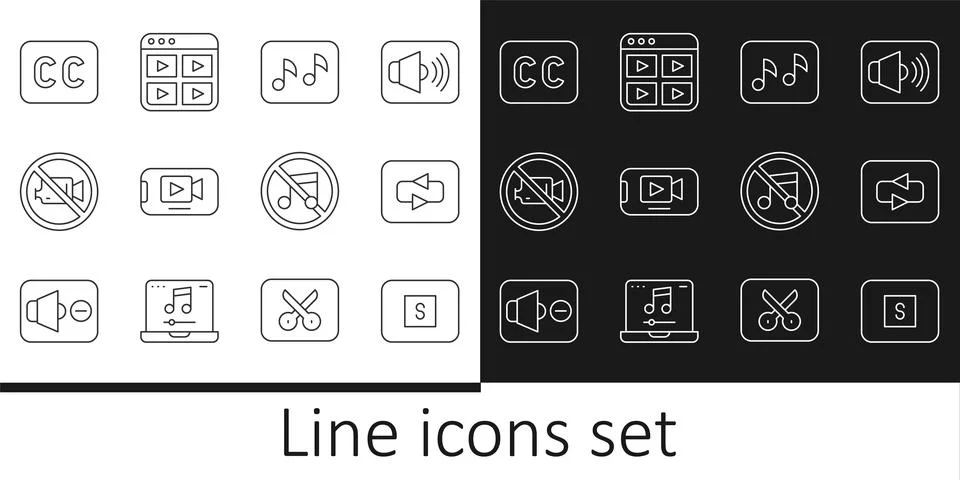 Set line Stop media button, Repeat, Music note, tone, Online play video, Pr.. Illustrazione stock