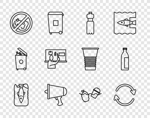 Set line Stop ocean plastic pollution, Refresh, Bottle of water, Spread the word Illustrazione stock