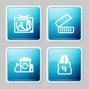 Set line Stop plastic pollution, Lunch box, Recycle bin with recycle and Shop Illustrazione stock