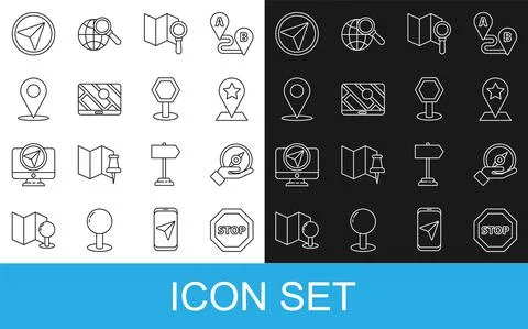 Set line Stop sign, Compass, Map pointer with star, Search location, City map Illustrazione stock