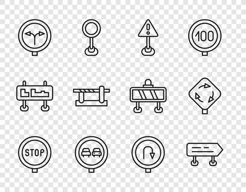Set line Stop sign, Road traffic, Exclamation mark in triangle, No overtaking Stock Illustration
