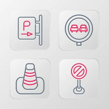 Set line Stop sign, Traffic cone, No overtaking road traffic and Parking ic.. Stock Illustration