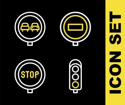 Set line Stop sign, Traffic light,  and No overtaking road traffic icon. Vect Stock Illustration