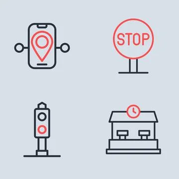 Set line Stop sign, Train traffic light, Railway station and Route location.. Stock Illustration