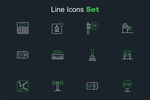 Set line Stop sign, Train ticket, traffic light, Railway map, Waiting hall,.. Illustrazione stock