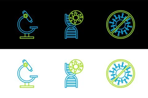Set line Stop virus, Microscope and DNA symbol and icon. Vector Illustrazione stock