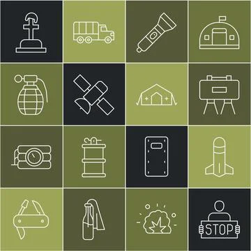 Set line Stop war, Rocket, Military mine, Flashlight, Satellite, Hand grenade Stock Illustration