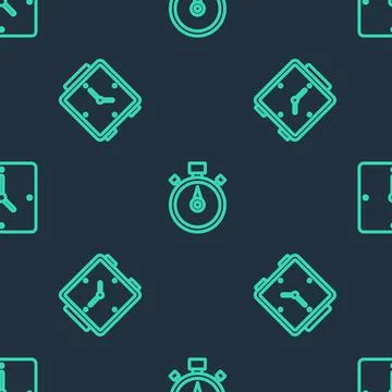 Set line Stopwatch, Alarm clock and Clock on seamless pattern. Vector Stock Illustration
