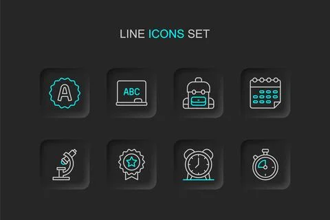Set line Stopwatch, Alarm clock, Medal with star, Microscope, School timeta.. Stock-Illustration