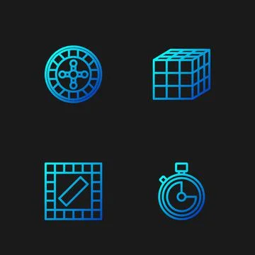 Set line Stopwatch, Board game, Casino roulette wheel and Rubik cube. Gradient Stockillustratie