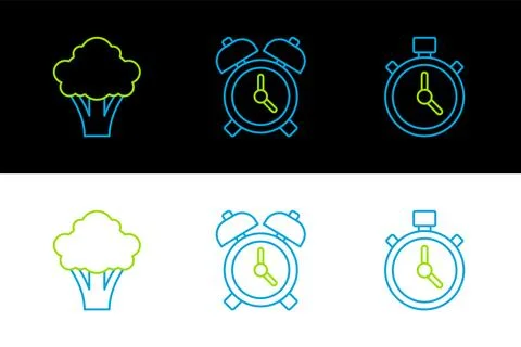 Set line Stopwatch, Broccoli and Alarm clock icon. Vector Stock Illustration
