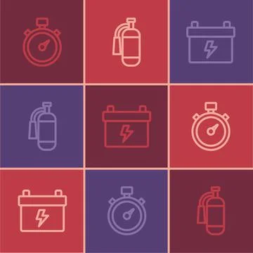 Set line Stopwatch, Car battery and Fire extinguisher icon. Vector イラスト素材