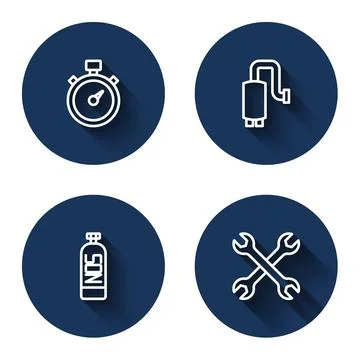 Set line Stopwatch, Car muffler, Nitrous oxide and Wrench spanner with long Illustrazione stock