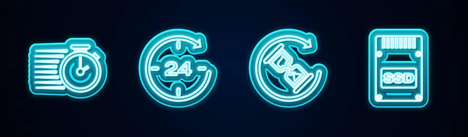Set line Stopwatch, Clock 24 hours, Waiting and SSD card. Glowing neon icon Stock Illustration