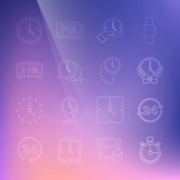 Set line Stopwatch, Clock 24 hours, speech bubble, Digital alarm clock, and Time Illustrazione stock