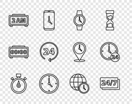 Set line Stopwatch, Clock 24 hours, Wrist, Digital alarm clock, World time and Stock Illustration