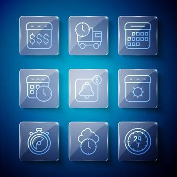 Set line Stopwatch, Clock, 24 hours, Calendar, Alarm clock app mobile, and,.. Illustrazione stock