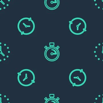 Set line Stopwatch, Clock and on seamless pattern. Vector Stock Illustration