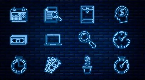 Set line Stopwatch, Clock with arrow, Envelope, Laptop, Stacks paper money cash Stock Illustration